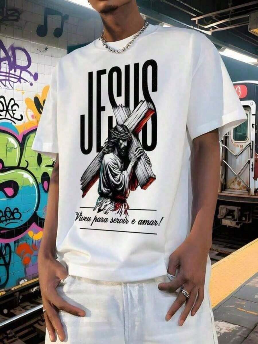 Camiseta de manga corta para hombre con estampado gráfico de Jesús cargando una cruz, diseño religioso | Diseño exquisito | Suelto y cómodo | Fácil de combinar | - Blanco - Ver 1