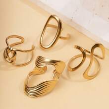 4pcs Fashionable Stainless Steel Rings With Simple Hollow Geometric Design, Versatile Casual Stacking Rings, Perfect Gift For Her, Suitable For Teenagers - Gold - View 9