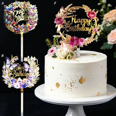 1pc/3pcs Acrylic Gold Plated Flower & Butterfly Cake Topper, Birthday Party Decor