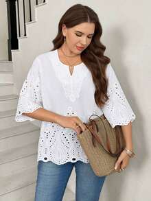LUNE Blusa de verano de talla grande, de unicolor, hueca, bordada, casual, para vacaciones, temporada de bodas, nuevo diseño de playa para mujer - Blanco - Ver 5