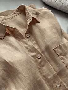 Women's Casual Solid Color Front Button Curved Hem Shirt - Khaki - View 3