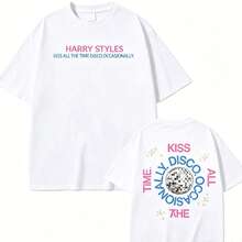 T-Shirt With A Print Of ' New Album, "Kiss All The Time" (2026), High Quality, Harajuku Summer Style, Pure Vintage Style, Unisex, Loose Fit, Cotton, Short Sleeve, Round Neck, Blouses For Women. Casual Blouses For Ladies.  Print.  Print T-Shirt. - 白色 - 查看 1