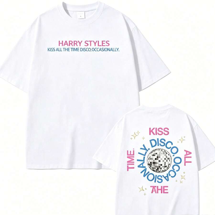 T-Shirt With A Print Of ' New Album, "Kiss All The Time" (2026), High Quality, Harajuku Summer Style, Pure Vintage Style, Unisex, Loose Fit, Cotton, Short Sleeve, Round Neck, Blouses For Women. Casual Blouses For Ladies. Print. Print T-Shirt. - 白色 - 查看 1