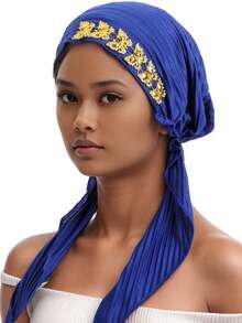 1pc Crinkle Solid Color Turban Hijab With Gold Rhinestone Decor, Stretchy Pre-Tied Head Scarf For Muslim Women, Instant Head Wrap Cap - A - View 6
