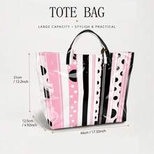 Striped & Polka Dot Print Tote Bag, Glossy PVC Waterproof Handbag, Retro Geometric Casual Shoulder Bag, Large Capacity Reusable Tote For Women, Work, Beach, Daily Shopping - 粉色 - 查看 5
