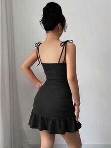 New Elegant Spaghetti Strap Dress With Patchwork And Mesh Fabric, Perfect For Dates And Parties - Black - View 2