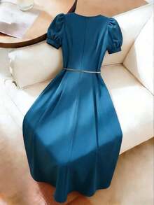 Vestido largo de mujer talla de unicolor elegante con botón decorativo y cinturón de metal para la cintura, primavera/verano - Azul - Ver 5