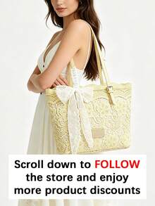 Bolso tote de encaje calado gran capacidad asa de piel regulable lazo de encaje desmontable varios colores mujer diario playa viaje vacaciones regalo - Amarillo - Ver 2