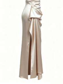 Women's Elegant Spring/Summer Satin One-Shoulder Midi Party Dress, Solid Color Pleated Evening Gown For Wedding Guest Formal Occasions, Suitable For Mother's Day - Apricot - View 9