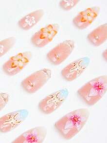 24pcs Ocean Style Almond Shaped Acrylic Nail Stickers With 3D Starfish, Seashell & Floral Patterns, Pearlescent Metallic Decorative Glossy Full Cover False Nails, Suitable For Women & Girls Summer Beach Holiday Daily Wear - 彩色 - 查看 4
