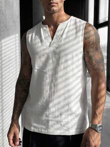 glestore Men's Retro-Style Sleeveless T-Shirt With A Linen-Like Texture: Comfortable And Stylish, This Lightweight, Slightly Sheer Piece Is A Versatile Choice. - White - View 4