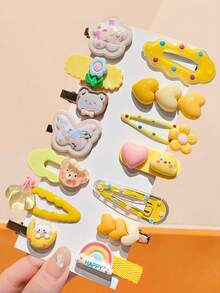 14pcs/Set Pinces à frange mignonnes de dessin animé, combinaison de couleurs fraîches de ton jaune avec des éléments de chat, ours en peluche, fleurs, couleurs vives et douces, convenant pour les chignons, les couettes ou les coiffures décontractées - Pour les femmes et les filles, convenant pour le quotidien, les rendez-vous, l'école, les vacances, la plage, les fêtes, les vacances, les cadeaux, la saison des remises de diplômes, barrettes à cheveux, pinces à cheveux - Multicolore - Voir 3