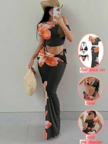 Bonvoyette Conjunto de 4 piezas para vacaciones de mujer: Top de bikini con estampado de cuello halter, Bottom de traje de baño, falda larga tipo sarong y cubre-todo - Negro 2 - Ver 1