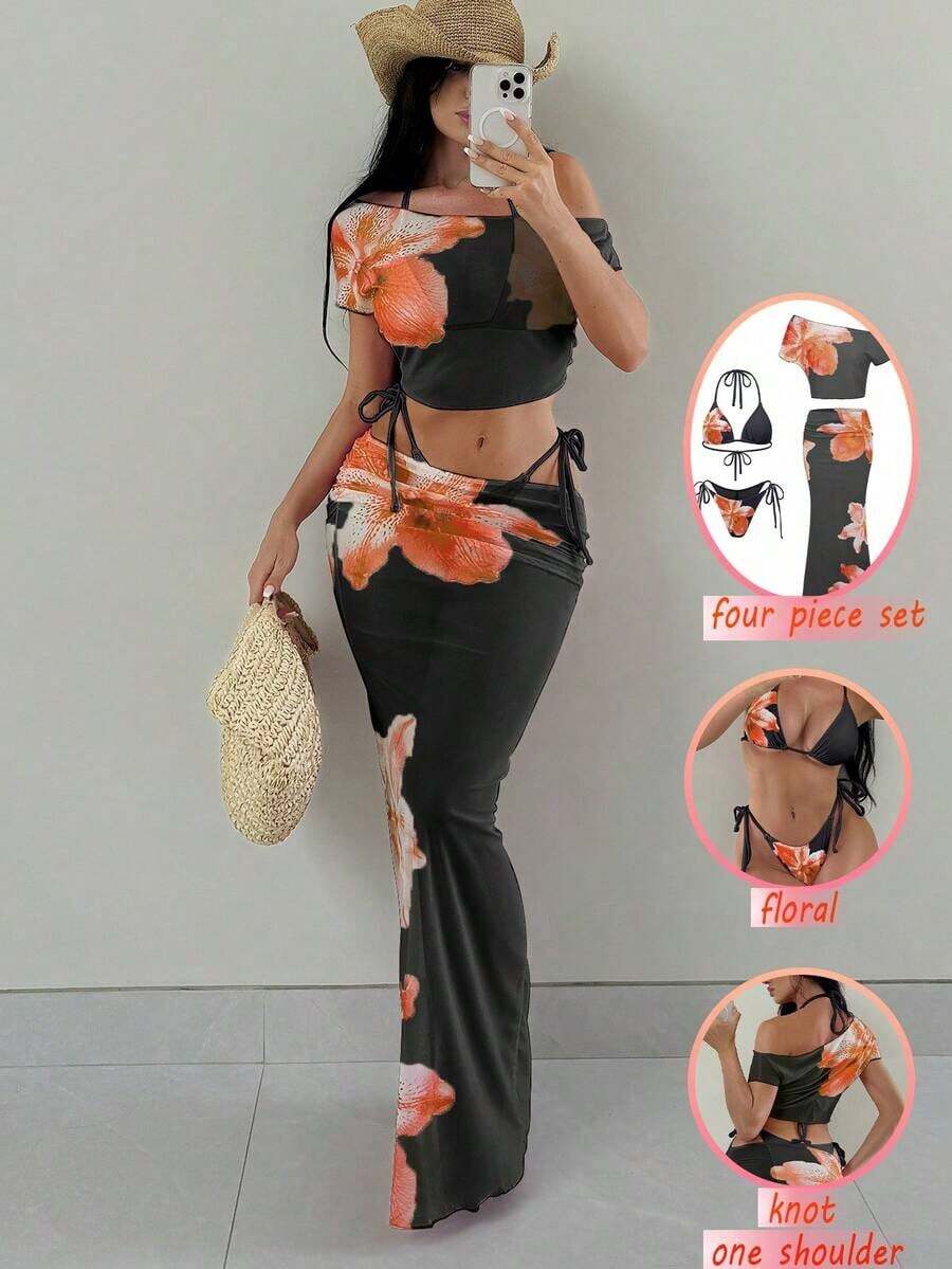 Bonvoyette Conjunto de 4 piezas para vacaciones de mujer: Top de bikini con estampado de cuello halter, Bottom de traje de baño, falda larga tipo sarong y cubre-todo - Negro 2 - Ver 1