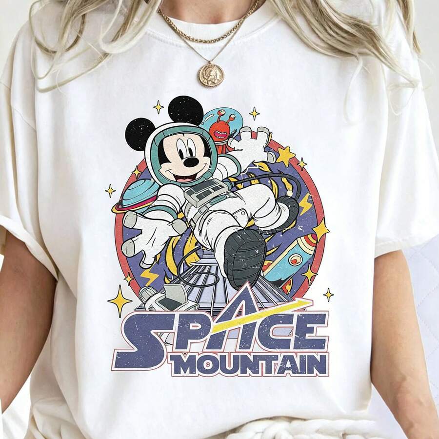 Disney Women's And Men's T-Shirts Vintage Astronaut Mickey Mouse Space Mountain Printed Oversized T-Shirts, 100% Cotton Retro Short-Sleeved Casual Shirts, And Graphic Printing T-Shirts For  Travel Matching Outfits - trắng - Xem 1