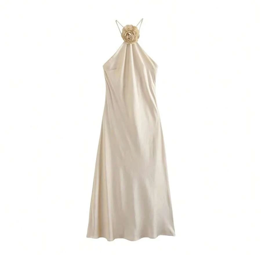 Vestido midi con cuello halter floral para mujer, moda, sin espalda, tirantes finos atados, vestidos femeninos, de noche - como en la imagen - Ver 1