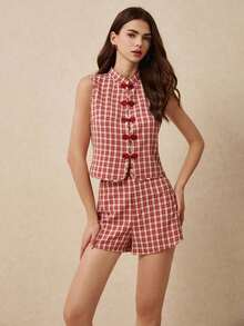 Conjunto de 2 piezas para mujer con chaleco sin mangas y minifalda, conjunto informal y elegante para el verano, atuendos lindos para mujer, nuevo conjunto de top y pantalón corto estilo chino, traje de tela a cuadros rojos y blancos - Rojo - Ver 7