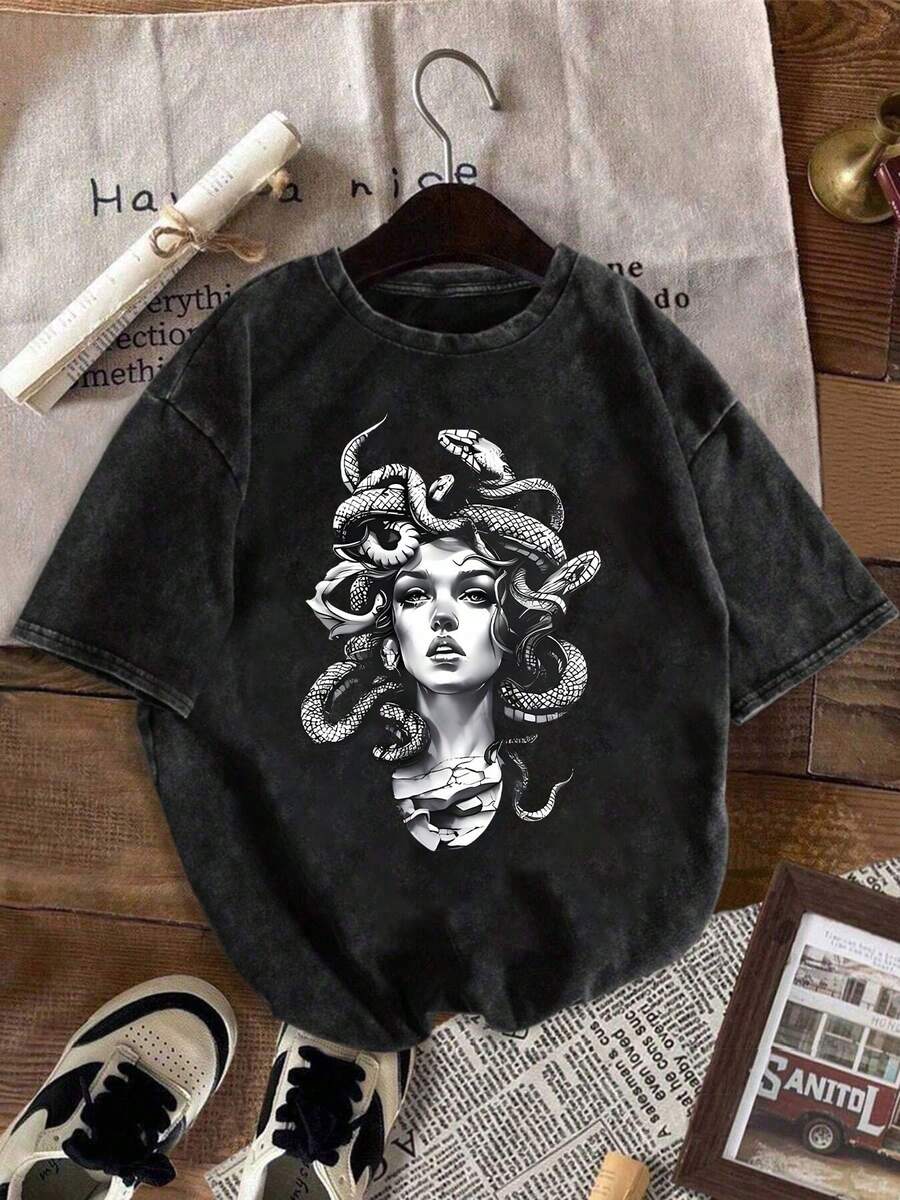 Talla - Talla - Camiseta de Mujer Estilo Vintage Lavado con Lindos Estampados de Animales y Letras Fáciles de Leer. Presenta un Bordes Desgastados y un Estilo Casual Minimalista de Inspiración Vintage - Negro - Ver 1
