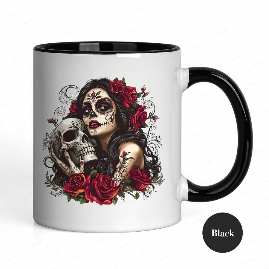 [24-Hour Shipping Within Mexico] Double-Sided Printed Mug, 1 Piece, An 11-Ounce Ceramic Coffee Mug With A Day Of The Dead Sugar Skull And Rose Design, Dishwasher , Showcasing A Unique Work Of Art, Making It A Great Gift For Loved Ones, Perfect For Holidays Or Parties. - 3 - 查看 1