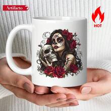 [24-Hour Shipping Within Mexico] Double-Sided Printed Mug, 1 Piece, An 11-Ounce Ceramic Coffee Mug With A Day Of The Dead Sugar Skull And Rose Design, Dishwasher , Showcasing A Unique Work Of Art, Making It A Great Gift For Loved Ones, Perfect For Holidays Or Parties. - 4 - 查看 1