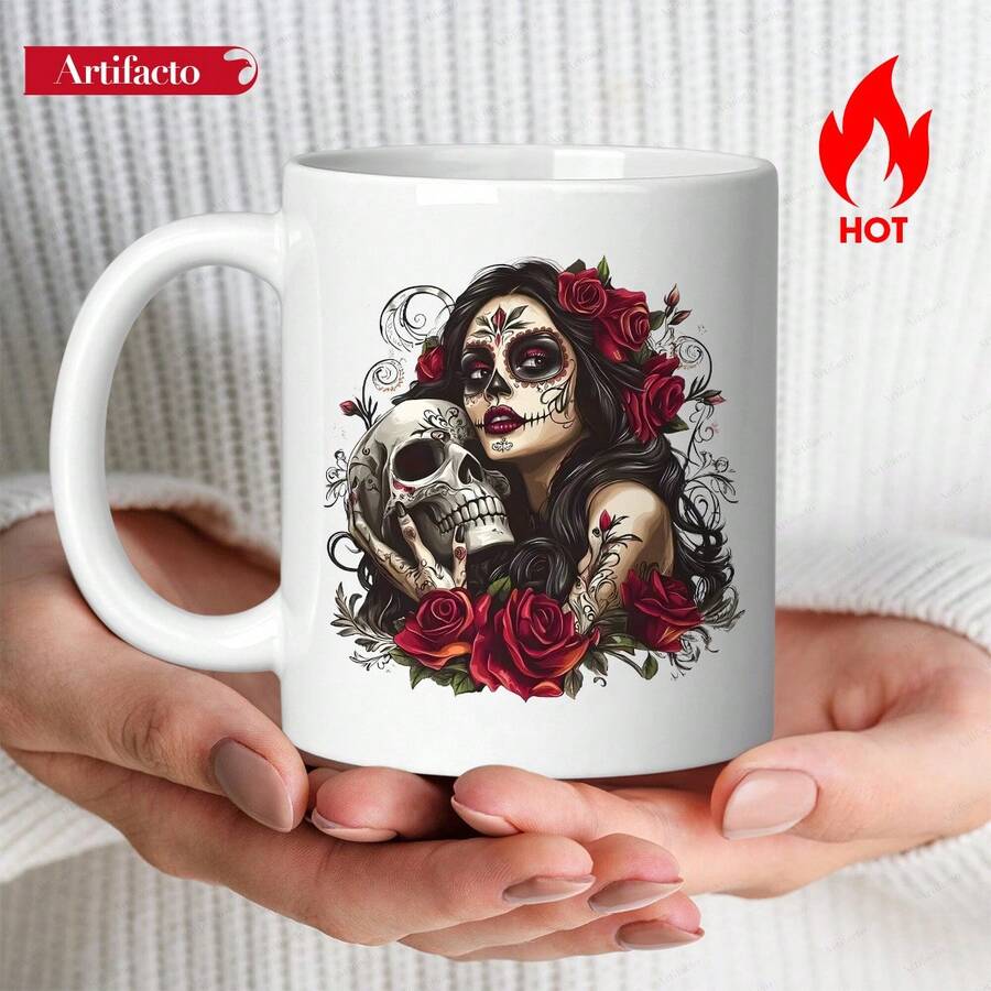 [24-Hour Shipping Within Mexico] Double-Sided Printed Mug, 1 Piece, An 11-Ounce Ceramic Coffee Mug With A Day Of The Dead Sugar Skull And Rose Design, Dishwasher , Showcasing A Unique Work Of Art, Making It A Great Gift For Loved Ones, Perfect For Holidays Or Parties. - 4 - 查看 1