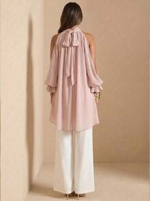 2026 Blusa elegante sin espalda de manga larga, camisa de gasa con cintura anudada y asimétrica, adecuada para fiestas, bodas, invitados, primavera, verano, otoño - Rosa vieja - Ver 2