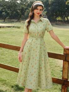 Vestido de mujer elegante y vintage con bolsillos y cinturón, vestido camisero con estampado floral, cierre con botones, vestido casual para ir y venir, vacaciones, vestidos de verano para mujer, atuendos de vacaciones de verano, atuendos de primavera para mujer, vestidos de primavera para mujer, ropa de primavera para mujer, atuendos de vacaciones de primavera, vestidos elegantes para fiestas, vestidos elegantes para fiestas para mujer, vestido de invitada de boda para mujer, vestido de fiesta de boda, vestido de graduación, vestidos elegantes para ceremonias, vestidos elegantes para mujer, vestido formal - Verde - Ver 4