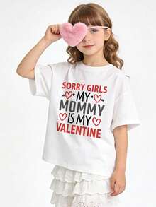 Summer Casual Soft Round Neck Short Sleeve Girl's T-Shirt,Valentine's Day Mom Quote Print Graphic Suitable For Daily Wear.White - 白色 - 查看 4