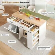 Kitchen Island On Casters With Fold-Down Worktop, Kitchen Trolley With Waste Bin, 4-Tier Spice Rack, 2 Drawers And Lockable Casters, 120 * 45 (70) * 93 Cm - White - View 7