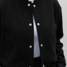 Women's Premium Wool Bomber Jacket With Double Cuffs And Snap Buttons - Casual Autumn And Winter Coat - 黑色 - 查看 6