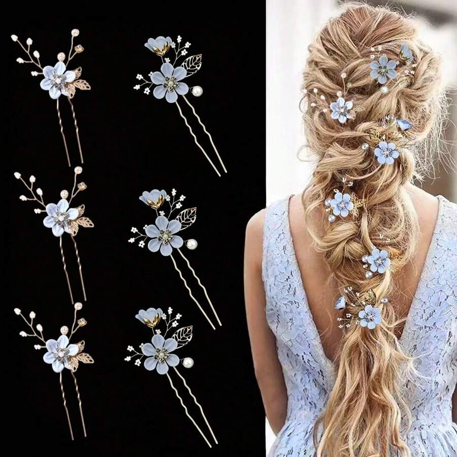 6pcs/Set Bridal Wedding Rhinestone Pearl Flower Alloy Leaf Hair Pin Set - 6 Light Blue - View 1