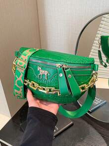 Medium Crossbody Chest Bag Crocodile Embossed Coin Purse, Fashion Chain Decor Zipper Fanny Pack With Adjustable Strap, Stylish Artificial PU Leather Waist Bag For Travel & Sports, Retro Classic Commuting Shoulder Bags For Women - Green - View 9
