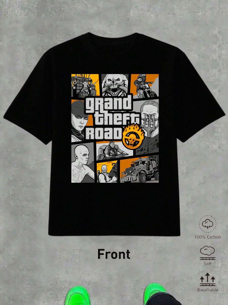 1pc playeras de hombre camisas para hombre almacen local ropa de hombre pantalones hombre Tema Grand Theft Road camiseta 180g blanco y negro patrón estampado Mad Max impresión alta calidad cuello redondo corte básico holgado hombres y mujeres transpirable versátil lavable a máquina cómoda talla S ~ 3XL diaria casual deportes imprescindible verano. - Negro - Ver 1