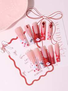24 piezas de nuevas puntas de uñas de ataúd extra largas, estilo de niña dulce multicolor con labios rojos, corazón y decoración de rhinestone, uñas con forma de T, aptas para usar, set de caja de regalo colorida que incluye 1 lima de uñas y 1 buffer, ideal para uñas glamorosas del Día de San Valentín - Multicolor - Ver 4