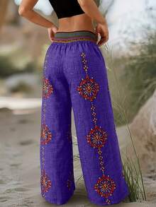 Plus Size - Plus Size - New Spring/Autumn Design Niche High Waist Retro Loose Casual Pants With Random Print Wide Leg - Purple - View 3