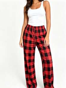 Retro Red Black Plaid Tie Waist Pajama Pants Loose Slim Fit Comfortable Breathable Casual Home Trousers. - Red - View 2