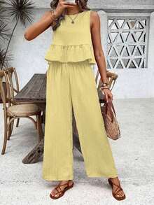 Conjunto casual de 2 piezas con blusa plisada de unicolor y pantalones de pierna ancha para mujer - Amarillo - Ver 1