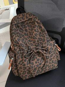 Retro American Baddie Style Deep Brown Leopard Print Backpack, Front Pocket With Bow Tie Design, Side Zipper Pocket, Large Capacity Versatile, Student Commute Travel Casual Backpack - Multicolor - View 10
