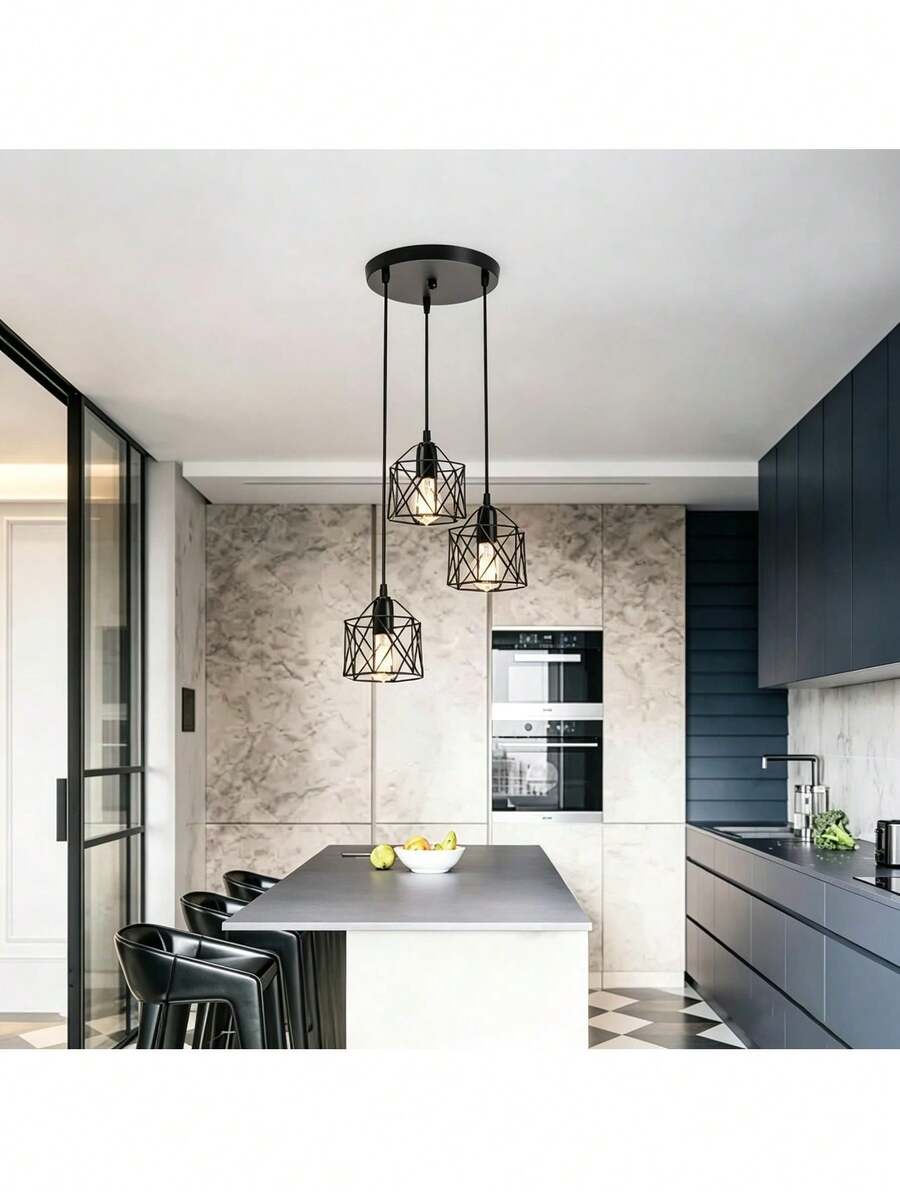 Three-Light Pendant Lamp, Rustic Style, Perfect For Kitchen Islands And Dining Rooms; Retro Industrial Style Ceiling Light, Adjustable Height, Matte Black, Bulb Not Included - Black - View 1