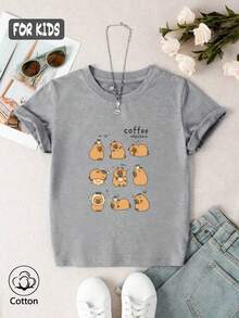 Young Girl Summer T-Shirt For Girls, Featuring An Adorable Custom Coffee Bear Design On A Classic Round-Neck Cut, Perfect Short Sleeve Fit For Comfortable Everyday Wear; Oversized Top In A Sweet Style, Brilliantly Combining Preppy And Streetwear Elements, Bringing Out A Mix Of Cute And Unique Flair This Summer. - Ash - View 1