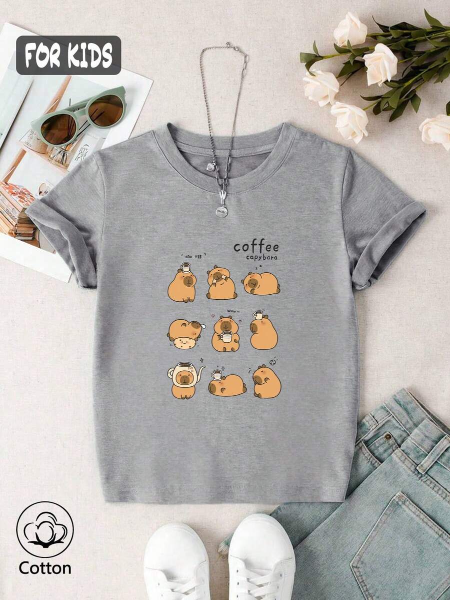 Young Girl Summer T-Shirt For Girls, Featuring An Adorable Custom Coffee Bear Design On A Classic Round-Neck Cut, Perfect Short Sleeve Fit For Comfortable Everyday Wear; Oversized Top In A Sweet Style, Brilliantly Combining Preppy And Streetwear Elements, Bringing Out A Mix Of Cute And Unique Flair This Summer. - Ash - View 1
