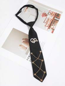 1pc Unisex Fashion Casual Minimalist Heart & Letter Decor Clip-On Tie, Comfortable & Versatile For Daily, School, Date, Outing, Party Wear - Black - View 5
