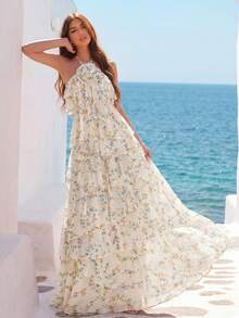 Elegante vestido maxi romántico de gasa, decoración de cuello con flores 3D - Exquisita impresión floral, dobladillo con volantes multicapa, silueta fluida hasta el suelo | Ideal para bodas románticas en jardines y elegantes noches de citas en primavera - Albaricoque - Ver 3