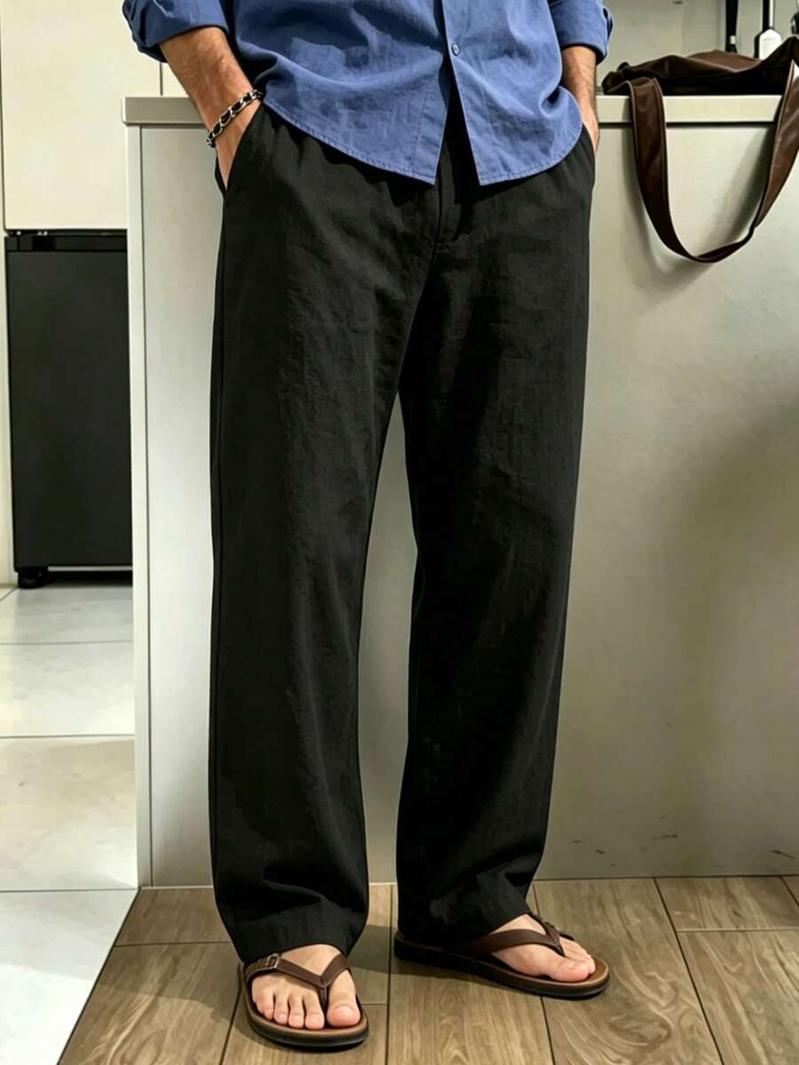 男士亚麻直筒休闲裤,轻盈透气纯色抽绳宽松长裤,黑色 - 黑色 - 查看 1
