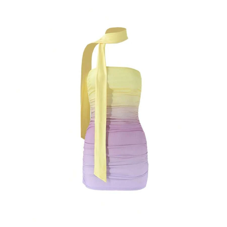 Vestido corto ajustado sin tirantes con efecto degradado de color, sexy y atractivo, para mujer, estilo celebridad de internet. - Rosa - Ver 1