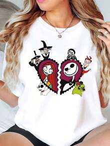 Nightmare Before Christmas Characters Heart Design Disney Women T Shirt Round Neck Short Sleeve Casual Wear Halloween Costume Soft Comfortable 220g - trắng - Xem 1
