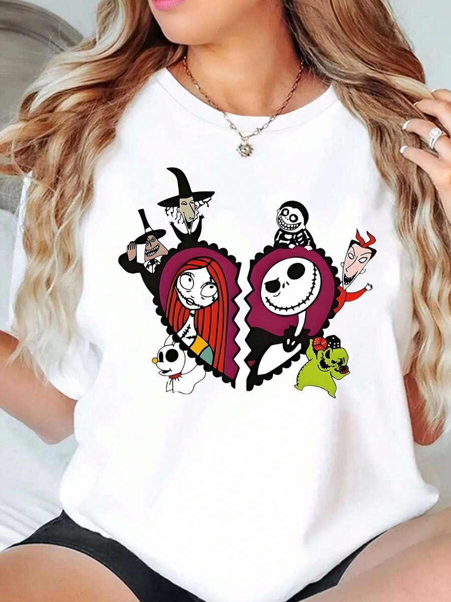 Nightmare Before Christmas Characters Heart Design Disney Women T Shirt Round Neck Short Sleeve Casual Wear Halloween Costume Soft Comfortable 220g - trắng - Xem 1