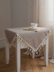 Tokoto Coffee Gingham Tablecloth With Tassel Fringe, Farmhouse Cotton Linen Table Cover For Dining Table, Nightstand & Coffee Table Decor, Rustic Boho Plaid Style - Brown - View 7