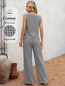 Conjunto de 2 piezas de chaleco y pantalones a cuadros casuales para mujer, de verano - Blanco y Negro - Ver 2