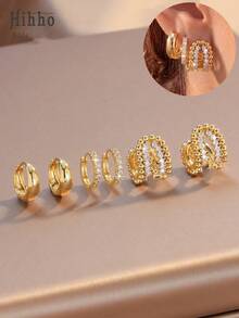 Hihho 3 Pairs Hoop Earrings Set, Golden Bead Ring Design, Densely Embedded Luxury Rhinestones, Fashion Minimalist, Suitable For Casual And Gentle Outfit, Versatile For Daily Wear - Gold - View 5